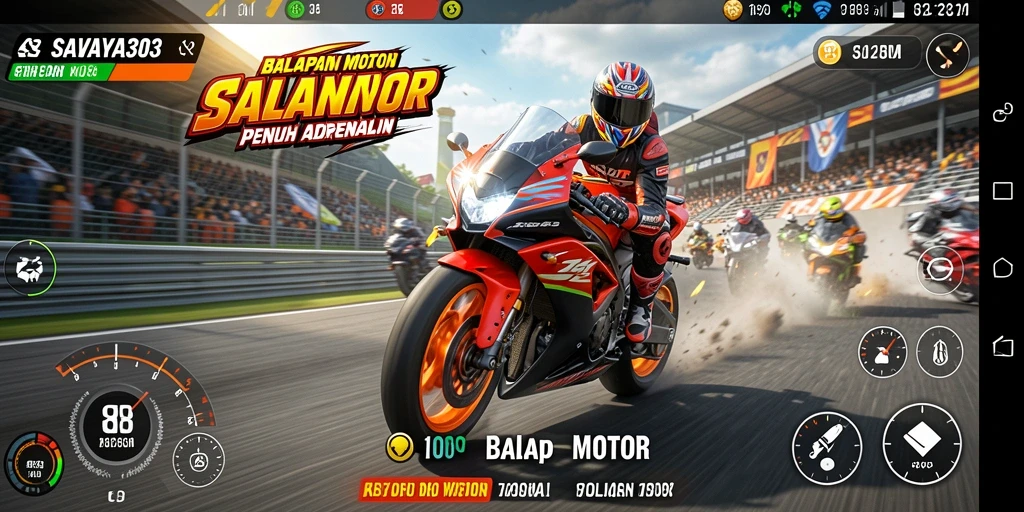 Screenshot antarmuka gameplay SAVAYA303 dengan balapan motor yang seru.