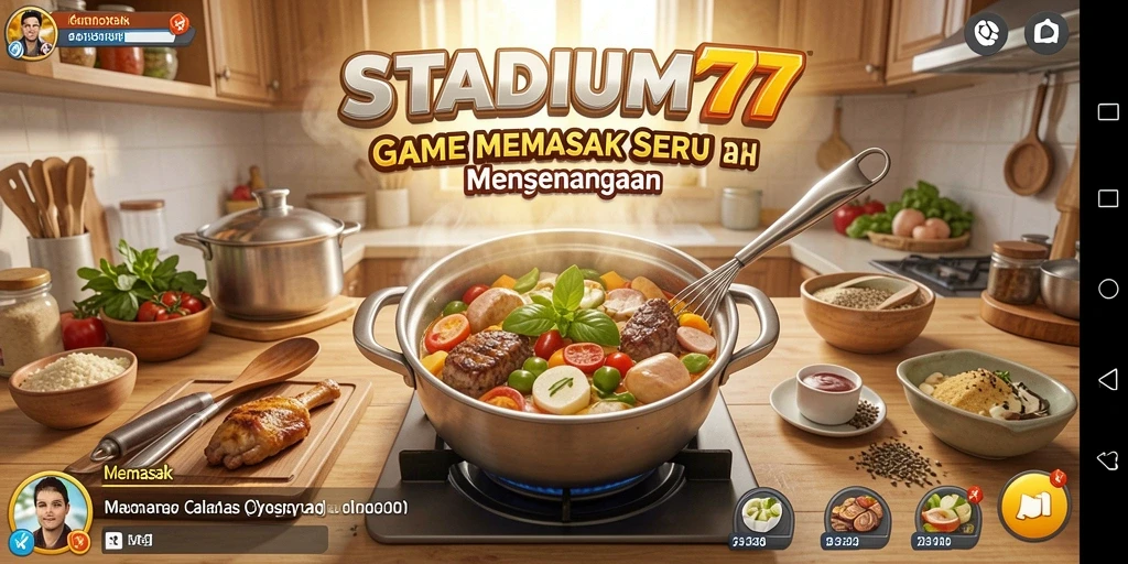 Tampilan antarmuka STADIUM77 saat bermain game Memasak yang menyenangkan.